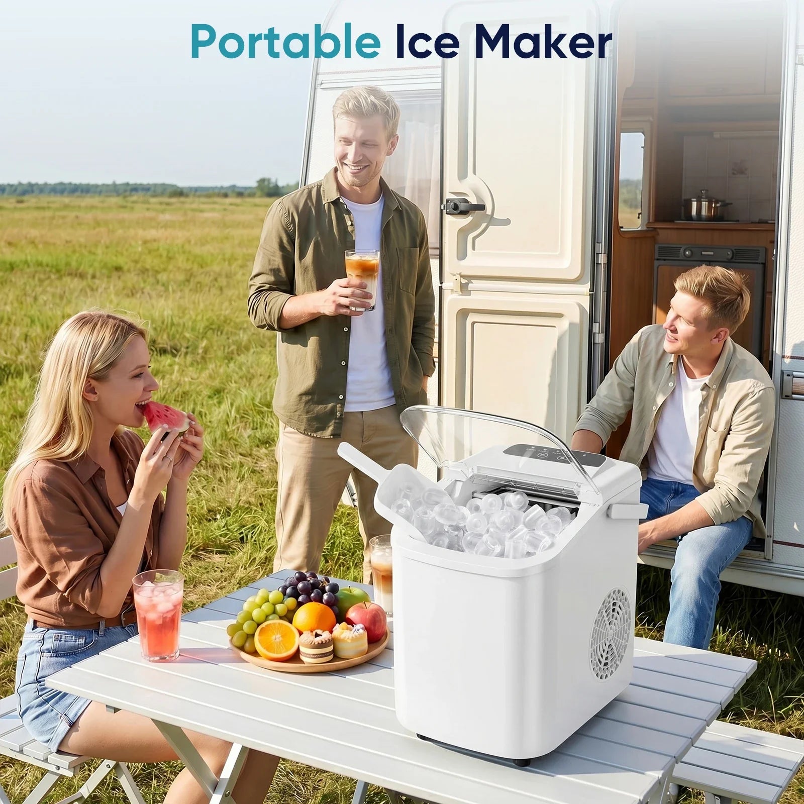 JHK Small Portable Ice Machine Countertop Ice Maker with Scoop Basket and Handle 9 Ice Cubes Ready in 6 Mins 26.5Lbs in 24Hrs for Home Kitchen Party