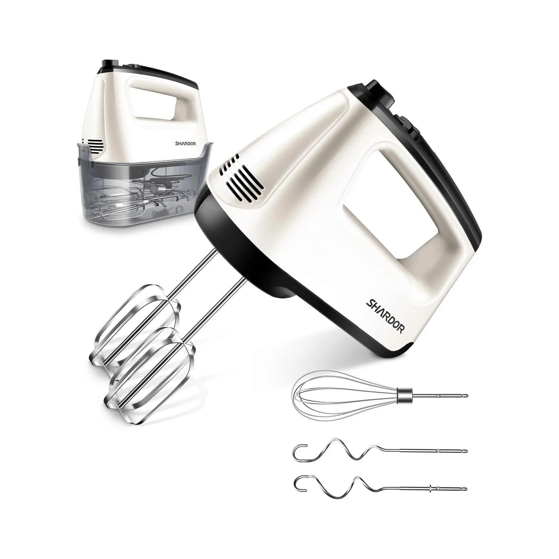 Hand Mixer Electric, 6 Speed & Turbo Mixer Electric Handheld, Snap-On Storage Case,5 Stainless Steel Accessories for Whipping, Mixing Cookies, Brownie, Cakes, Dough Batters, White