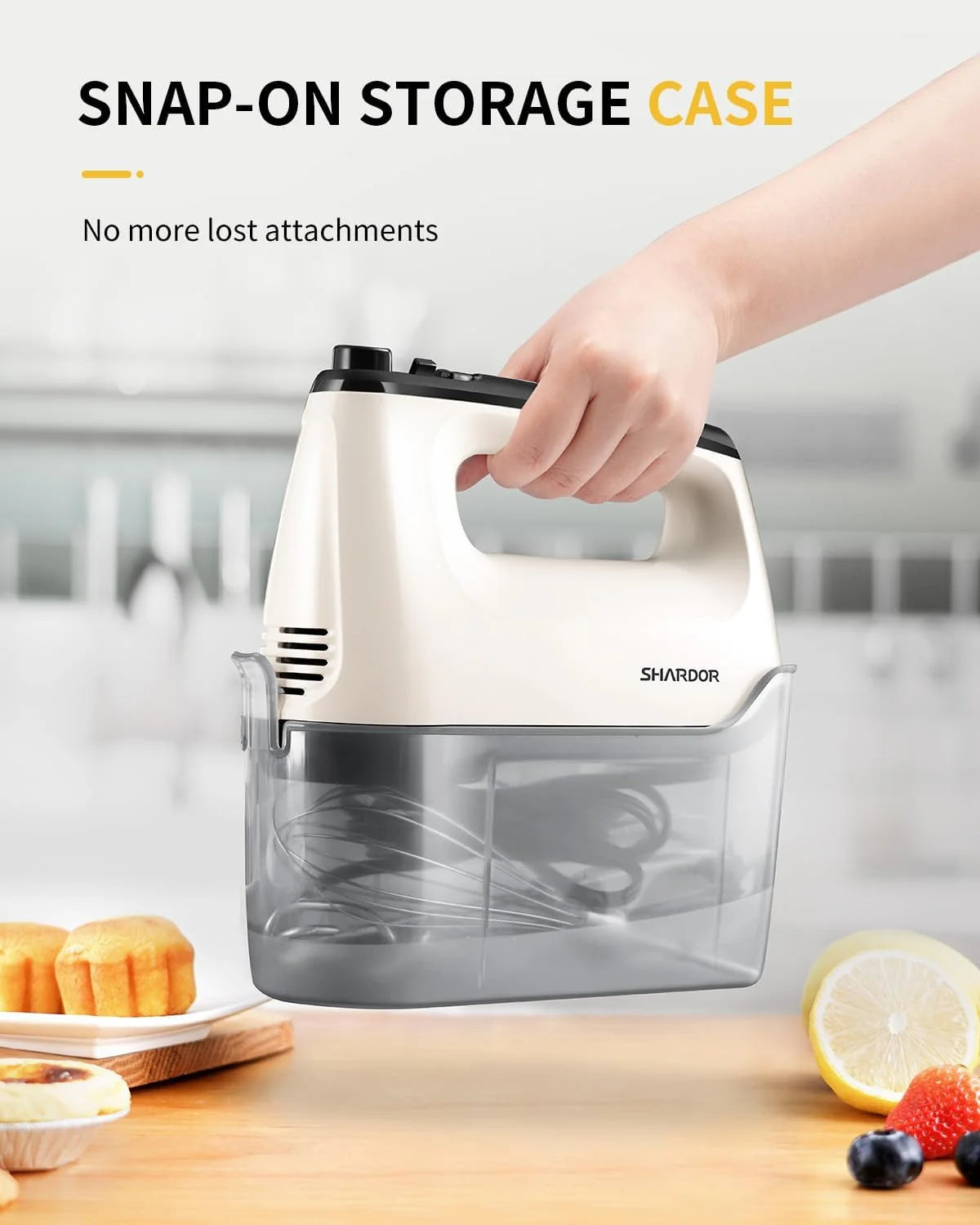 Hand Mixer Electric, 6 Speed & Turbo Mixer Electric Handheld, Snap-On Storage Case,5 Stainless Steel Accessories for Whipping, Mixing Cookies, Brownie, Cakes, Dough Batters, White
