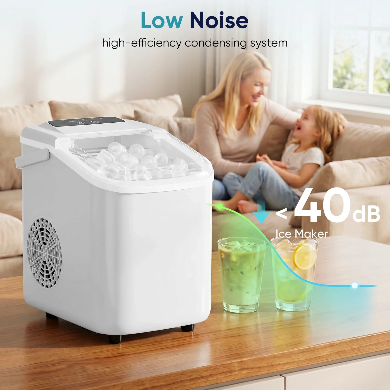 JHK Small Portable Ice Machine Countertop Ice Maker with Scoop Basket and Handle 9 Ice Cubes Ready in 6 Mins 26.5Lbs in 24Hrs for Home Kitchen Party