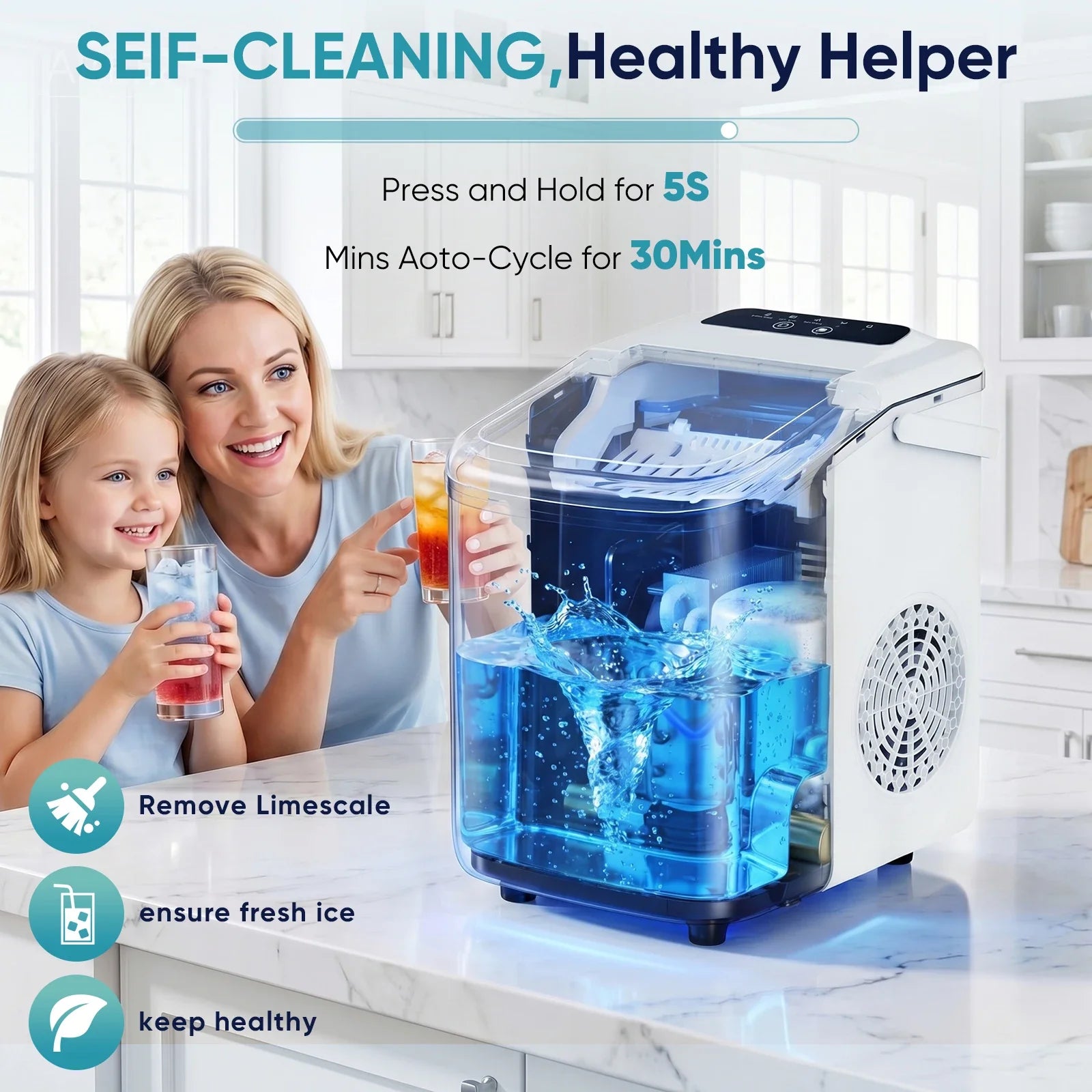 JHK Small Portable Ice Machine Countertop Ice Maker with Scoop Basket and Handle 9 Ice Cubes Ready in 6 Mins 26.5Lbs in 24Hrs for Home Kitchen Party
