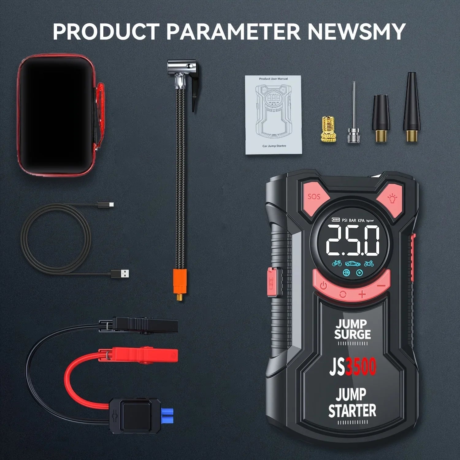 5-In-1 Jump Starter with Air Pump 3000A Peak Starter Box 150PSI Battery Pack with Digital Tire Inflator Car Battery Jump Starter