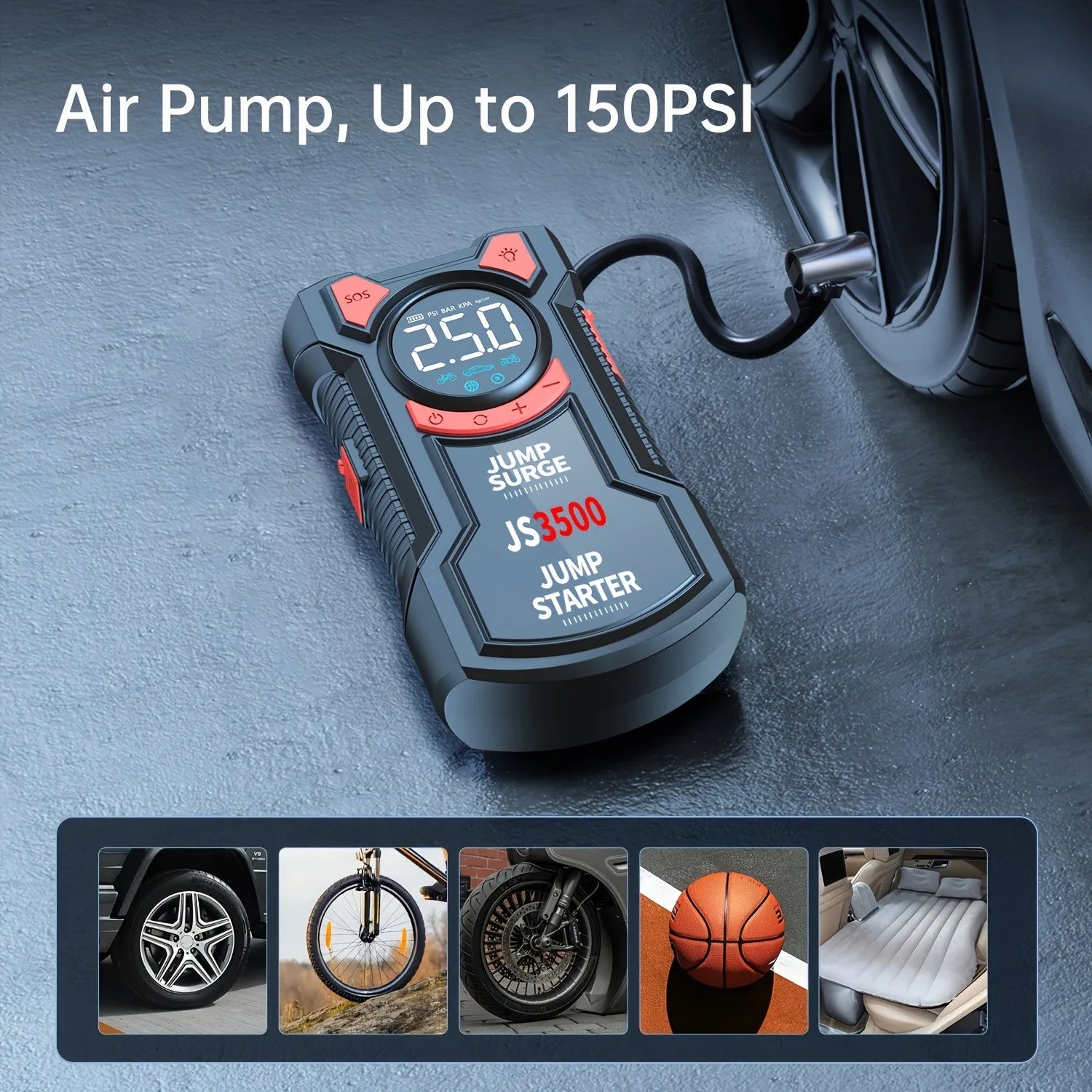 5-In-1 Jump Starter with Air Pump 3000A Peak Starter Box 150PSI Battery Pack with Digital Tire Inflator Car Battery Jump Starter
