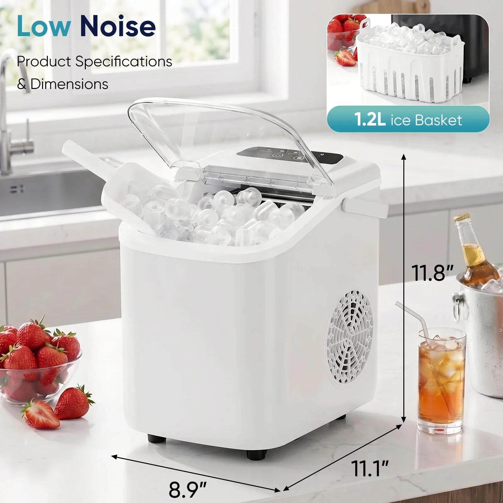JHK Small Portable Ice Machine Countertop Ice Maker with Scoop Basket and Handle 9 Ice Cubes Ready in 6 Mins 26.5Lbs in 24Hrs for Home Kitchen Party