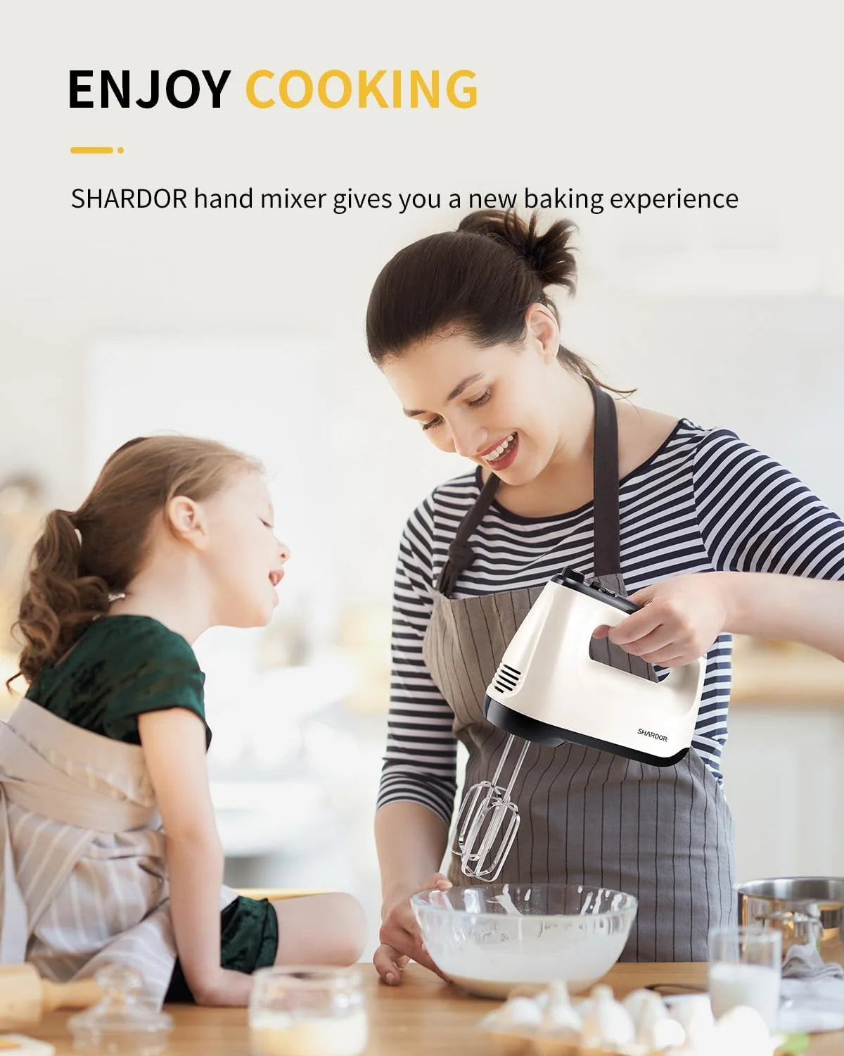 Hand Mixer Electric, 6 Speed & Turbo Mixer Electric Handheld, Snap-On Storage Case,5 Stainless Steel Accessories for Whipping, Mixing Cookies, Brownie, Cakes, Dough Batters, White