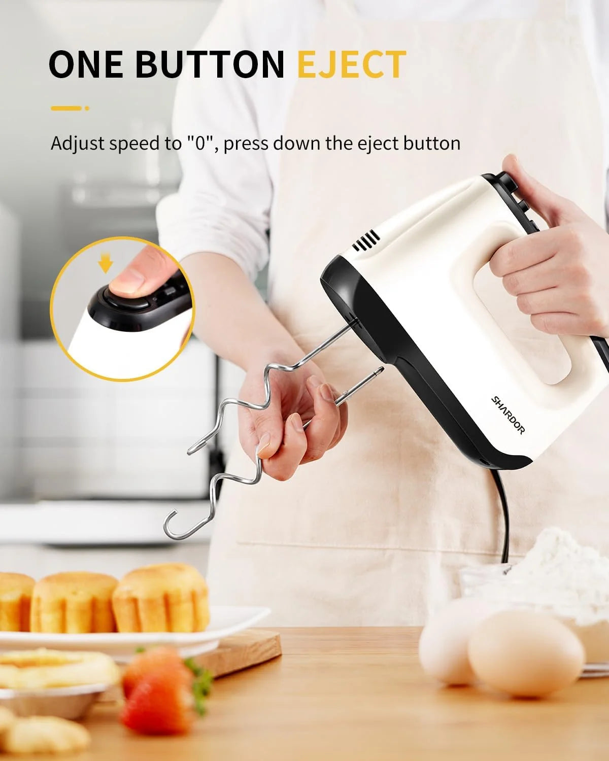 Hand Mixer Electric, 6 Speed & Turbo Mixer Electric Handheld, Snap-On Storage Case,5 Stainless Steel Accessories for Whipping, Mixing Cookies, Brownie, Cakes, Dough Batters, White