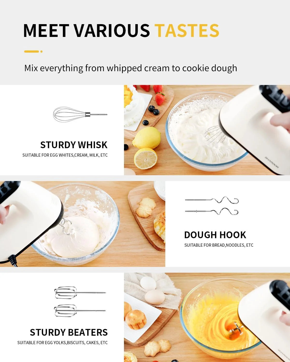 Hand Mixer Electric, 6 Speed & Turbo Mixer Electric Handheld, Snap-On Storage Case,5 Stainless Steel Accessories for Whipping, Mixing Cookies, Brownie, Cakes, Dough Batters, White