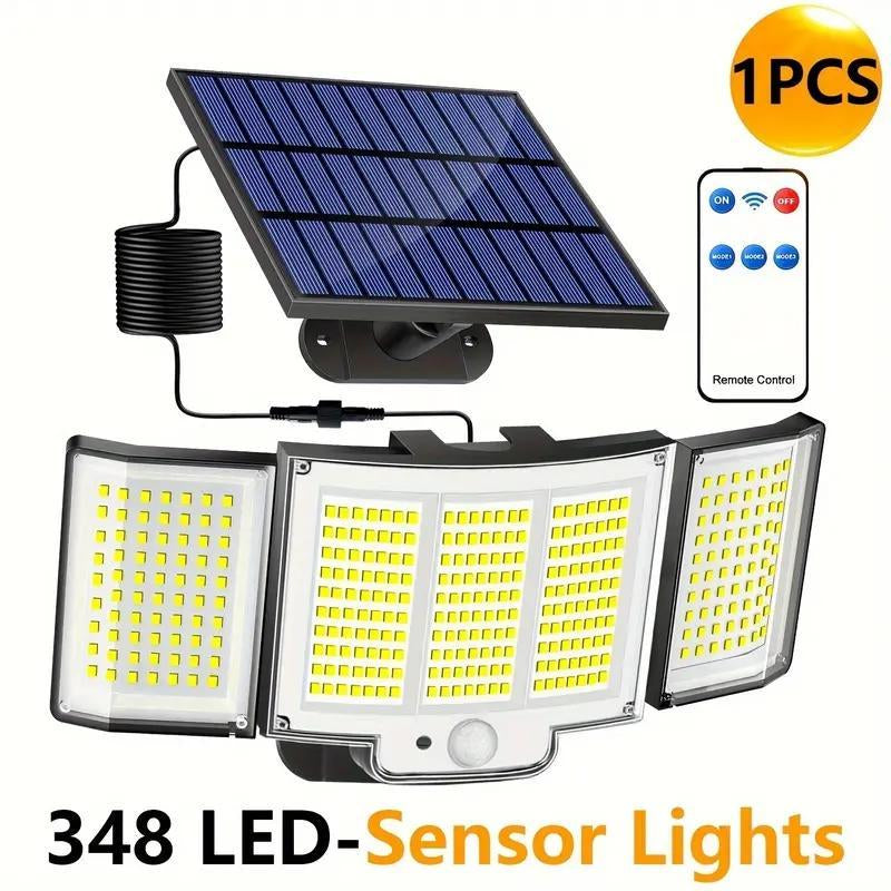 1-Pack Outdoor Solar Light 348-LED Motion Sensor Light with Remote Control 3-Head, Waterproof