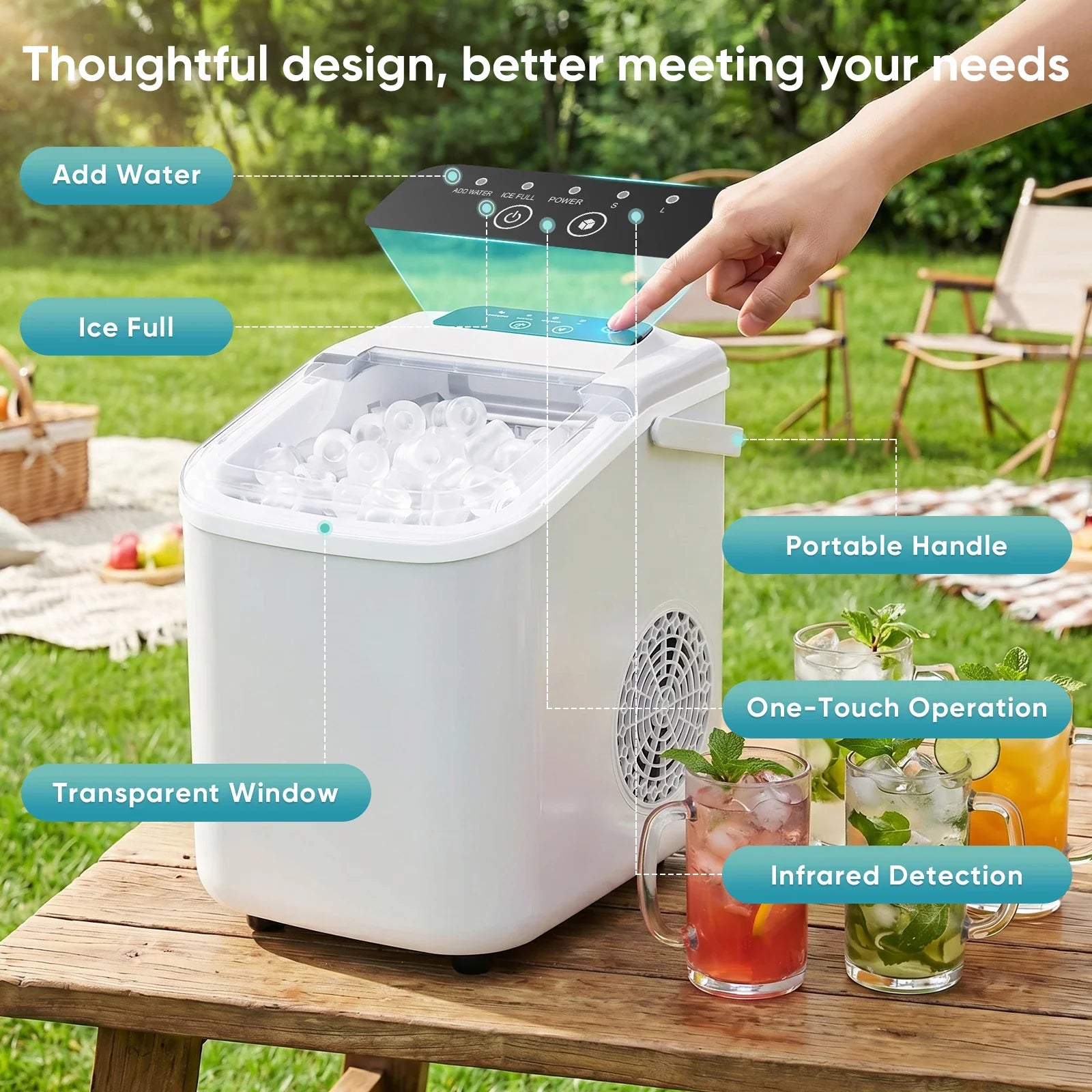 JHK Small Portable Ice Machine Countertop Ice Maker with Scoop Basket and Handle 9 Ice Cubes Ready in 6 Mins 26.5Lbs in 24Hrs for Home Kitchen Party