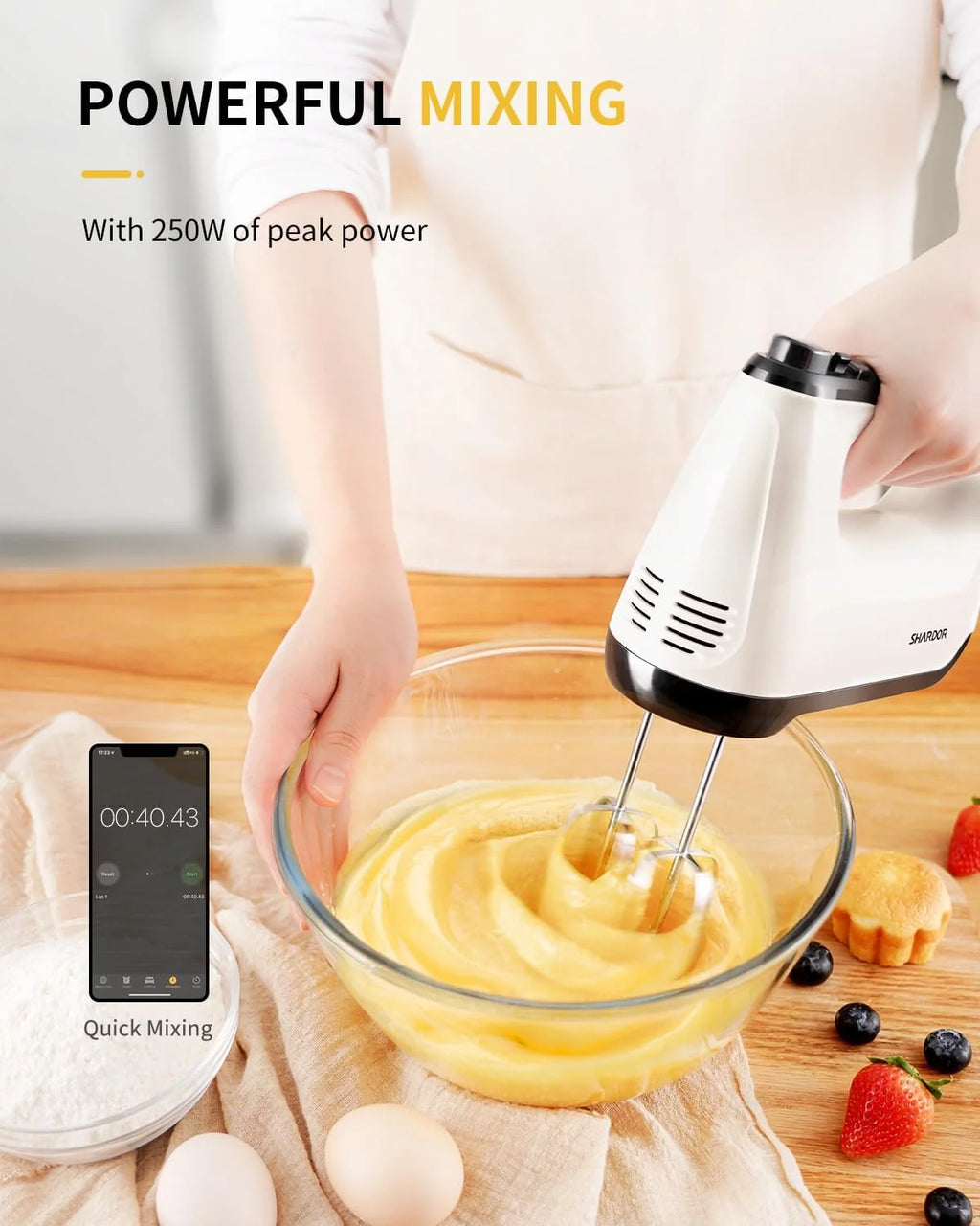 Hand Mixer Electric, 6 Speed & Turbo Mixer Electric Handheld, Snap-On Storage Case,5 Stainless Steel Accessories for Whipping, Mixing Cookies, Brownie, Cakes, Dough Batters, White